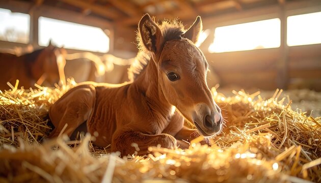 Newborn foal rests in warm, sunlit barn hay