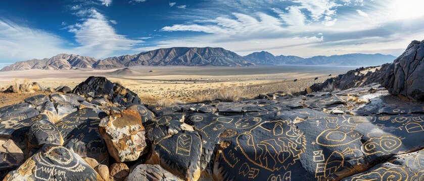 Prehistoric Petroglyphs Carved on Desert Boulders Overlooking Vast Arid Valley and Layered Mountain Ranges Panorama