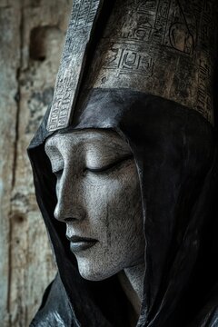 Primordial Egyptian God Nun Statue with Hieroglyphic Headdress and Hooded Deity Profile Sculpture