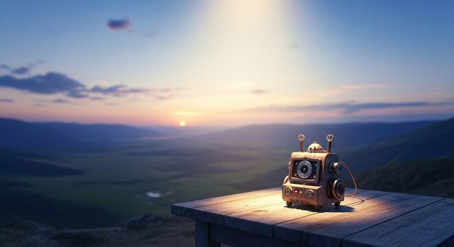 Vintage brass robot camera capturing memories at golden hour with warm sunset glow over scenic landscape