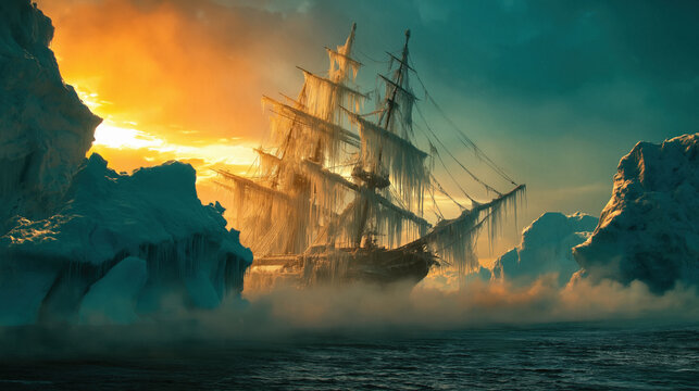 Conceptual illustration of a ghostly sailing ship frozen forever in the merciless Arctic ice at breathtaking sunset.
