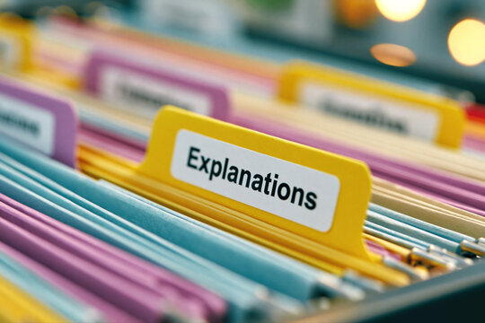 Close-up macro photograph of colorful office file folders in a filing cabinet, sharp focus on a bright yellow folder tab in the foreground with a white label clearly saying "Explanations"