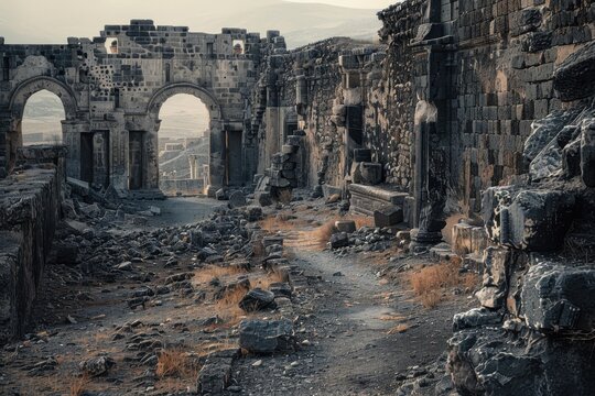 Ruins of Ancient Assyrian City Gordian: Towering Basalt Arches, Crumbling Columns, Scattered Stone Blocks on Rugged Path