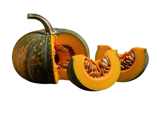 Fresh kabocha pumpkin with sliced wedges, organic green squash with orange flesh and seeds, raw autumn vegetable for healthy cooking isolated PNG with Transparent Background