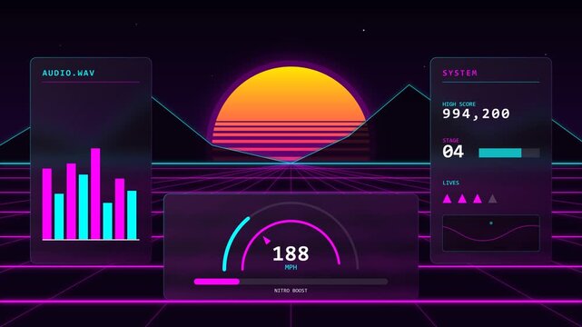 A nostalgic glassmorphism synthwave arcade dashboard, featuring retro neon aesthetics merged with modern translucent UI design.