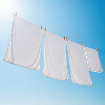 White towels and linens drying outside on a simple rope clothesline. A pleasant domestic chore scene under bright sunlight and blue sky, drying, breezy, sky