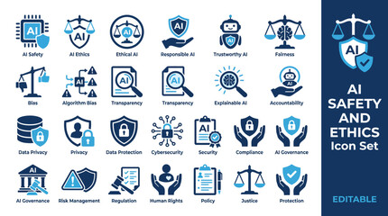 Fototapeta premium AI safety and ethics icon set featuring responsible AI, algorithmic bias, fairness, transparency, data privacy, AI governance, compliance, human rights, and justice symbols.