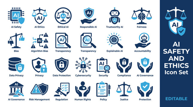 AI safety and ethics icon set featuring responsible AI, algorithmic bias, fairness, transparency, data privacy, AI governance, compliance, human rights, and justice symbols.