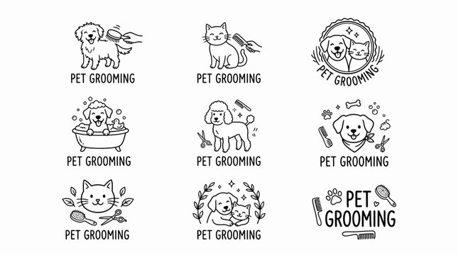 Pet grooming icons with animals and tools.