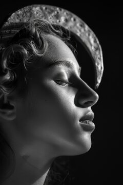 Selene Titaness Greek Moon Goddess Crescent Diadem Serene Mythical Portrait for Fantasy Mythology Art Jewelry Branding