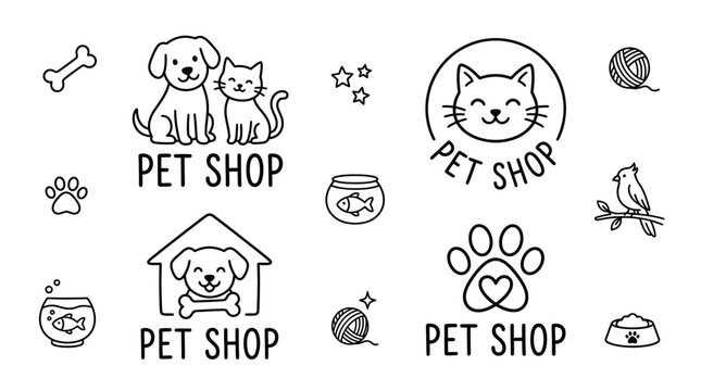 Black and white pet shop icons.