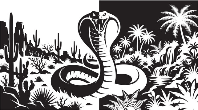 Cobra snake sits at the center of a divided landscape featuring a dry desert on one side and a lush tropical jungle on the other.