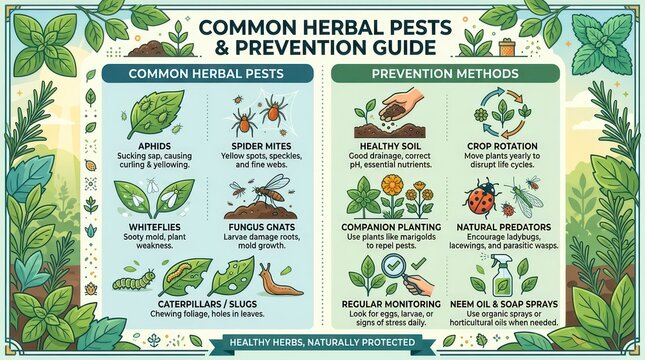 Infographic Guide to Common Herbal Pests and Prevention Methods.