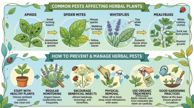 Infographic Guide to Common Pests on Herbal Plants and Prevention Strategies.