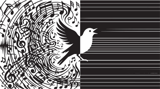 Bird sings melodies depicted as a whirlwind of musical notes on one side against a background of parallel lines.