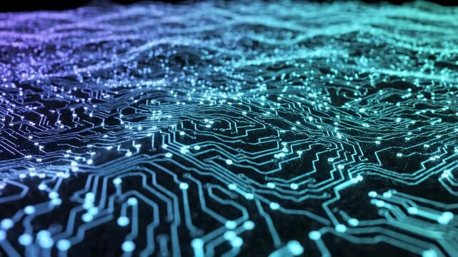 Abstract shimmering network of glowing blue and purple illuminated circuits resembling a futuristic digital information landscape in motion, representing data flow and advanced technology