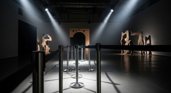 Matte silver retractable stanchions directing visitors in a modern art exhibition with dramatic spotlighting