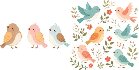 Obraz premium Cute spring birds vector set with colorful songbirds and floral branches in a soft hand drawn style for nursery wall art wedding stationery and seasonal greeting cards