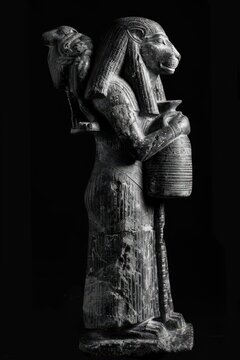 Tefnut Lioness-Headed Egyptian Goddess of Moisture Rain Fertility Holding Ceremonial Water Jug Statue