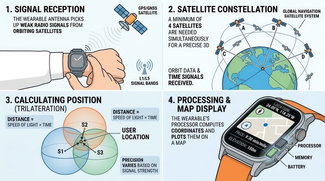 Infographic Illustrating GPS Signal Reception and Position Calculation on Smartwatch.