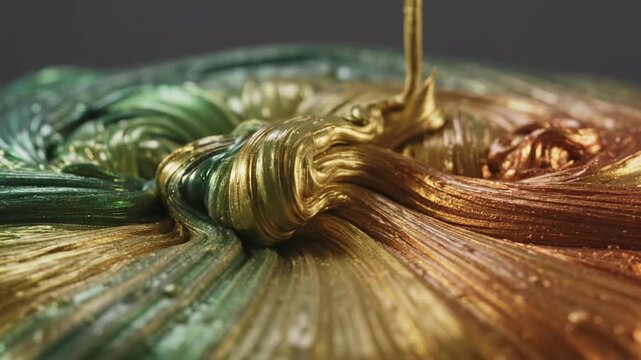 Viscous metallic liquid with swirled texture in shades of gold, green, and copper flows, creating a rich, shimmering, and opulent surface with enticing curves and undulating forms, perfect