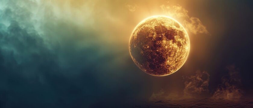 Total Lunar Eclipse Blood Moon Phenomenon in Cosmic Nebula Panorama: Ancient Omen for Astronomy Magazines and Fantasy Covers