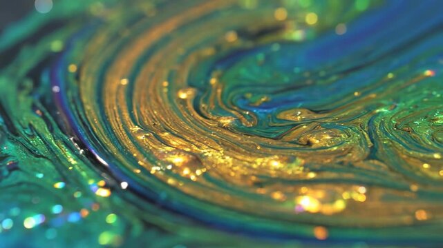 Mesmerizing swirling colors of emerald green and golden yellow create a cosmic galaxy effect with shimmering light particles, evoking a sense of wonder and celestial beauty in this abstract