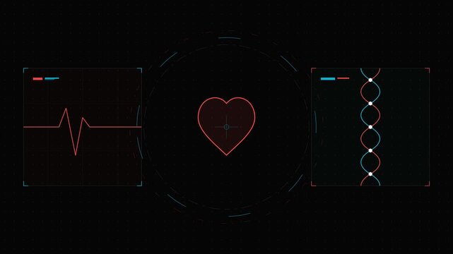 A widescreen cybernetic medical HUD animation, featuring a glowing red beating heart alongside complex EKG vitals and DNA sequencing data in a 4K seamless loop.