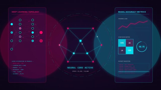 An advanced AI neural network training dashboard, featuring a glowing geometric cyber brain and live machine learning data metrics in a 4K loop.