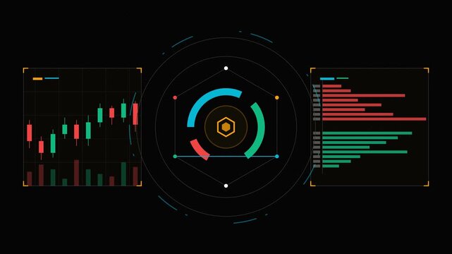 A fintech crypto stock market dashboard, featuring a scrolling candlestick chart, active order book, and a glowing financial data network core in a 4K loop.