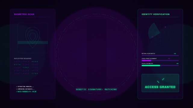 A biometric DNA and facial recognition security dashboard, featuring a scanning fingerprint and glowing genetic sequence analysis in a 4K loop.