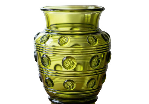 Vintage olive green glass vase with embossed dot pattern, retro mid-century style decorative glassware, elegant translucent emerald flower vessel isolated PNG with Transparent Background