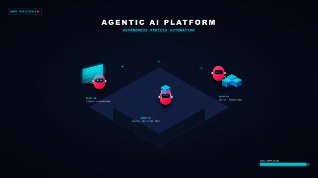 A 3D isometric animation of cute red AI agents executing process automation and research tasks on an agentic AI platform in a 4K seamless loop.