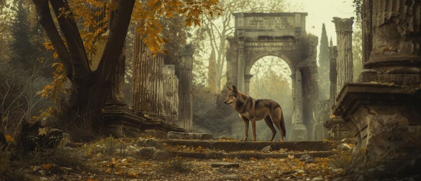 Vigilant Gray Wolf Before Crumbling Roman Triumphal Arch in Overgrown Autumn Woodland Ruins Panorama