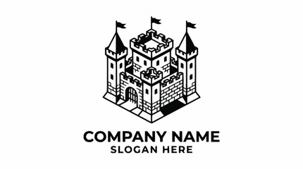 Black and white illustration of a medieval castle logo design. © NINDYA