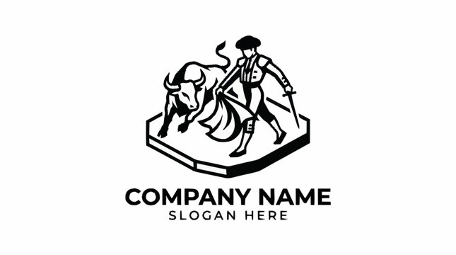 Matador and Bull Fighting Emblem Logo Design.
