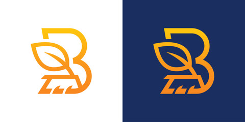 Minimalist logo featuring a stylized letter B composed of leaf shapes in gold, displayed on a smooth dark blue gradient backdrop. © dwi