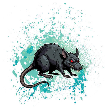 Cartoon-style vector illustration of an aggressive-looking rat with red eyes over a green ink splatter effect. White background.