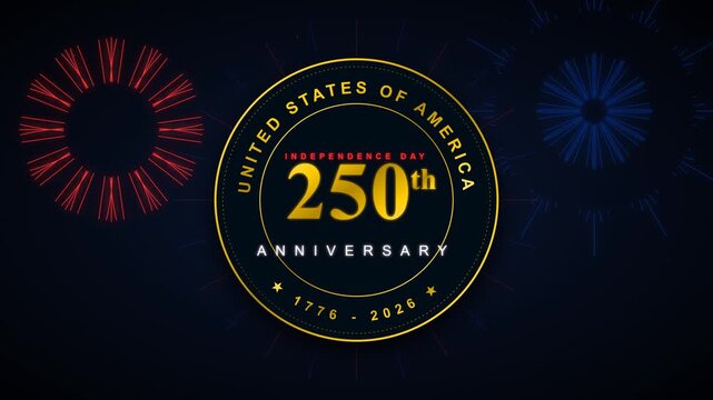 A premium 250th anniversary of the USA animation, featuring an elegant gold independence seal and realistic red, white, and blue fireworks in a 4K loop.