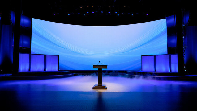Empty stage with a lectern and large curved screen ready for presentation lighting design public speaking debate stage award ceremony meeting room performance space lighting