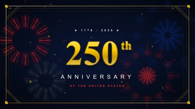 A luxury Art Deco 250th anniversary of the USA animation, featuring an elegant gold certificate border, falling stars, and realistic fireworks in a 4K loop.