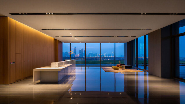 Modern lobby with panoramic cityscape view at dusk waiting area ceiling lights wood paneling blue sky polished floor modern building high rise real estate minimal design
