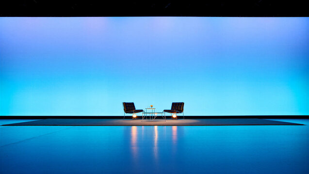 Minimalist blue room with two chairs facing a large screen cool colors minimalist interior lighting background furniture reflection abstract contemporary meditation