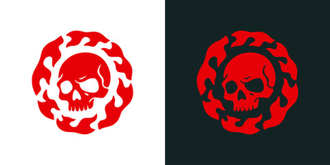 Two circular skull designs featuring intricate floral and leaf patterns in red against a solid black background, creating a bold contrast. © dwi