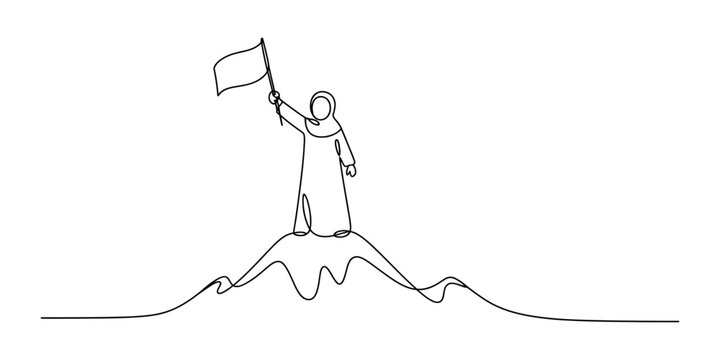 Muslim woman holding flag on mountain top continuous line art