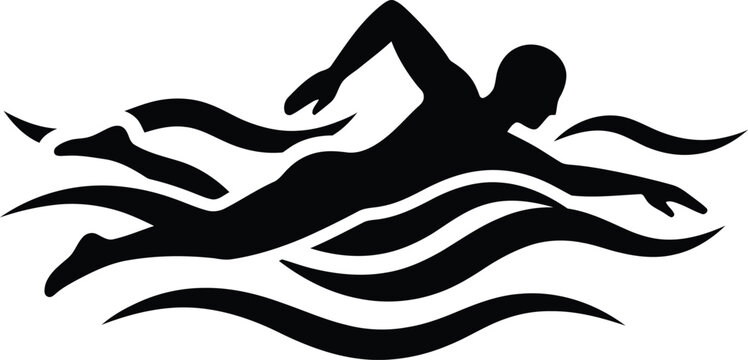Black silhouette of a professional male swimmer athlete performing freestyle stroke in water waves, perfect for sports competition, fitness training, and swimming pool vector design.
