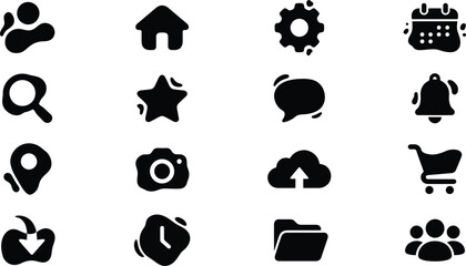 Black organic blob icons and web interface elements featuring hand drawn style symbols for profile navigation, social media apps, and modern website UI design. © Hasan