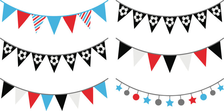 Set of festive bunting flags for party decoration vector illustration of colorful triangular pennants and garlands with soccer ball patterns isolated on white background