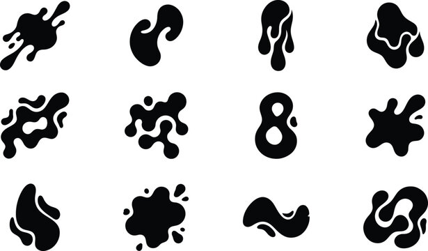 Black liquid splash silhouettes and organic blot shapes featuring wavy fluid droplets, abstract ink stains, and melting slime vector icon elements.