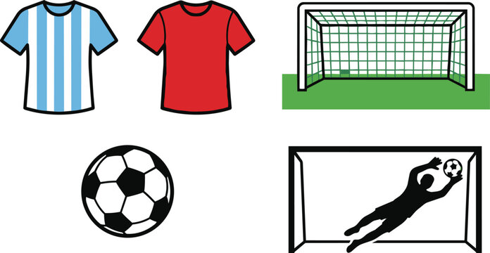 Set of soccer icons including jerseys, a ball, a goal, and a goalkeeper making a save, isolated on white background